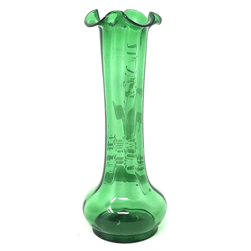Bohemian Hand Enameled Ruffle Top Vase VTG Hand Blown Paintet Emerald Snow Glass
